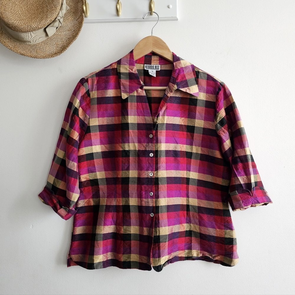 ✨ Robbie Bee 100% Silk Plaid Button-Down Blouse – Size 14 ✨